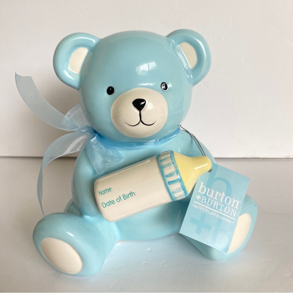 Burton & Burton Ceramic Bear Baby Announcement Coin Bank Light Blue Figurine